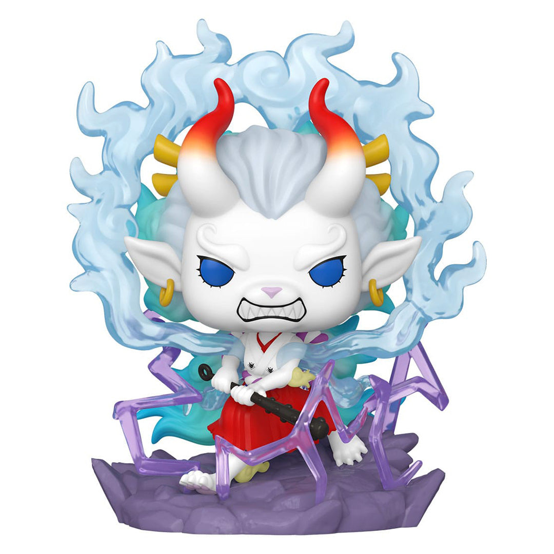Figurine Funko POP de Yamato dans une pose dynamique, avec des éclairs violets autour du socle, expression déterminée et détails minutieux.