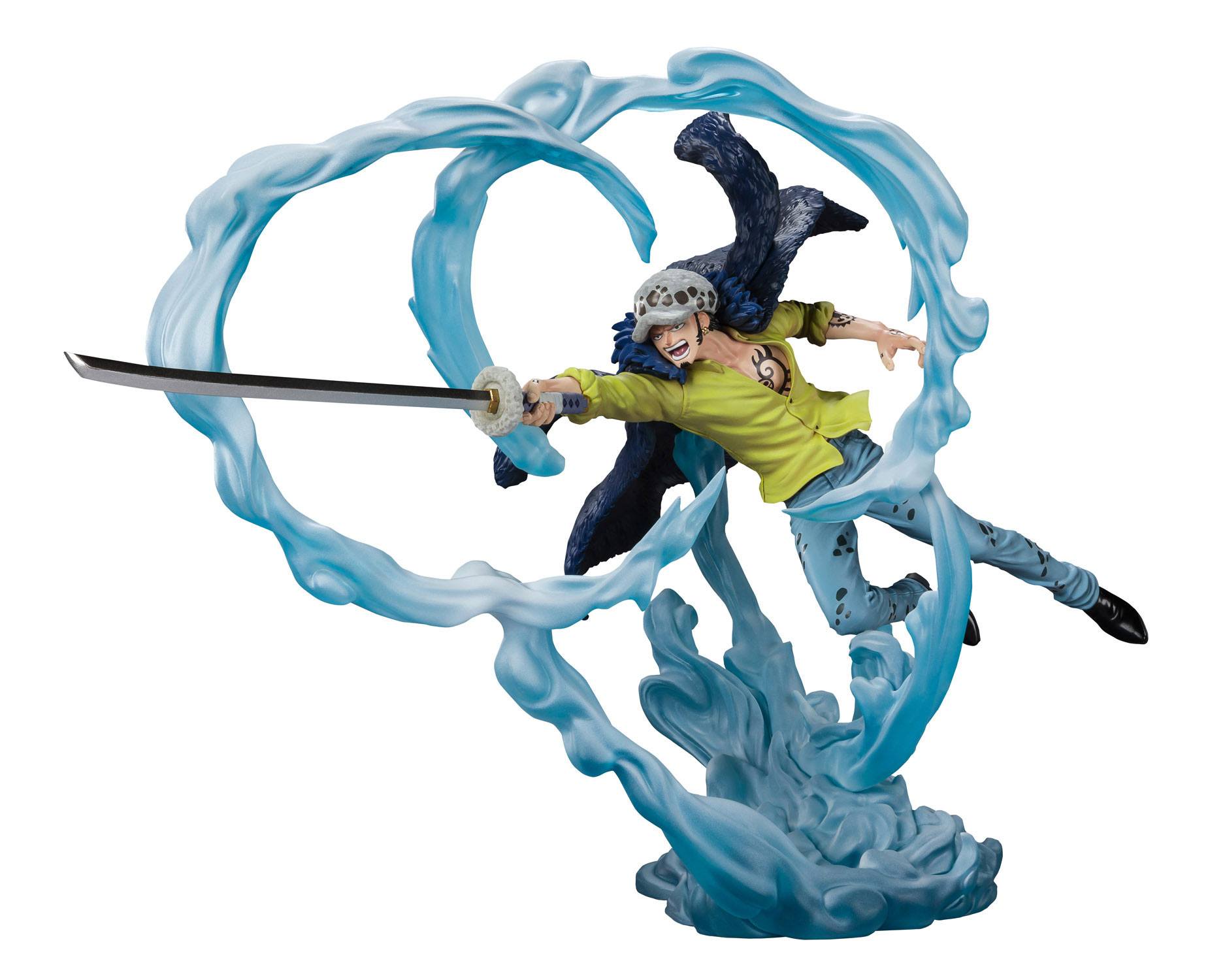 Figurine de Trafalgar Law tenant son katana Kikoku, avec une posture dynamique, fabriquée en PVC par Tamashii Nations, mesurant 24 cm.