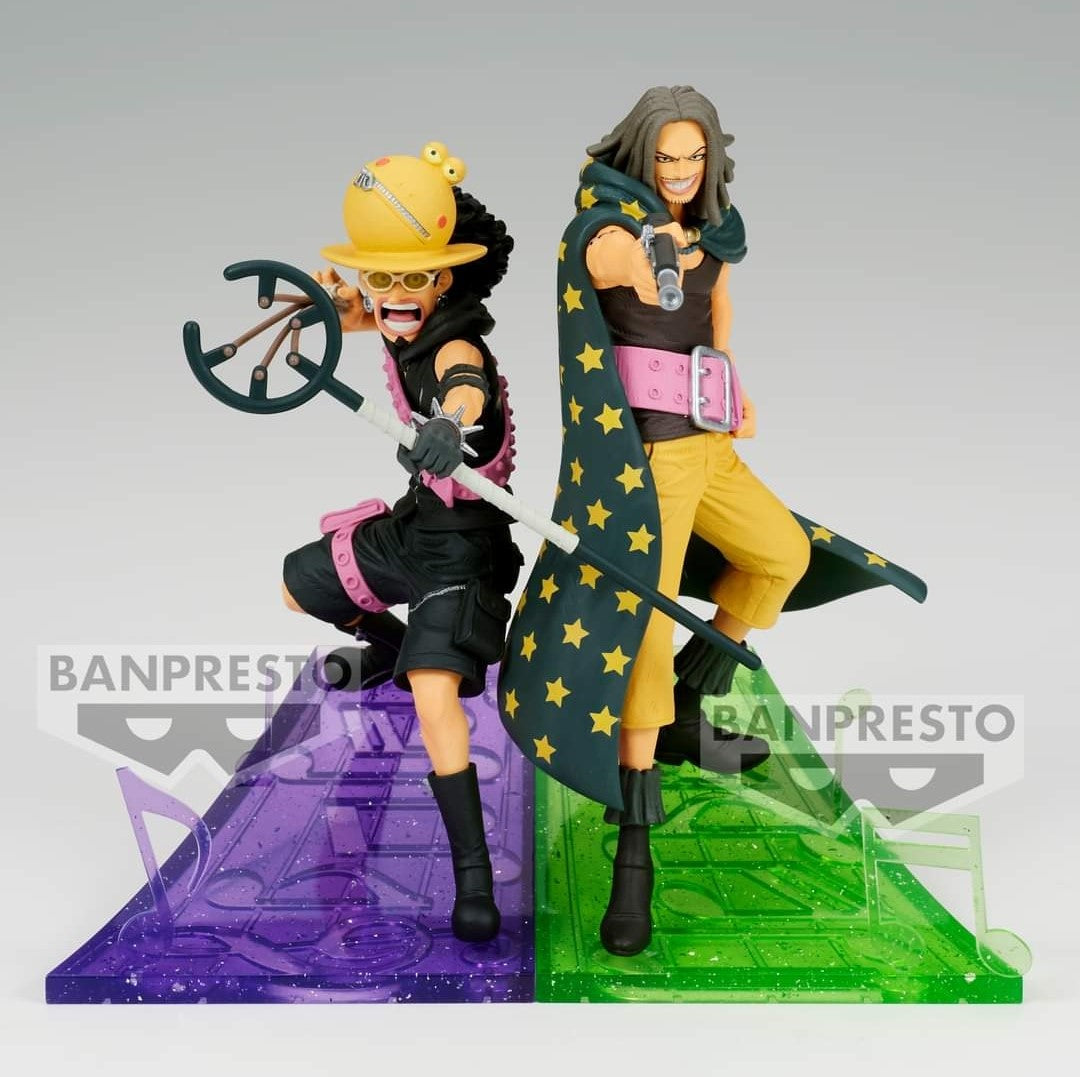 Figurine de Yasopp, tireur d'élite de One Piece, mesurant 12 cm, dans une pose dynamique avec une arme à la main, reposant sur une note de musique.