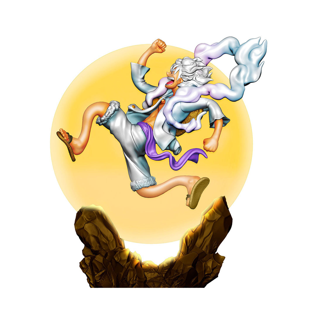 Figurine de Luffy Gear 5 capturant sa transformation emblématique avec une pose dynamique sous la pleine lune, fabriquée par MEGAHOUSE.