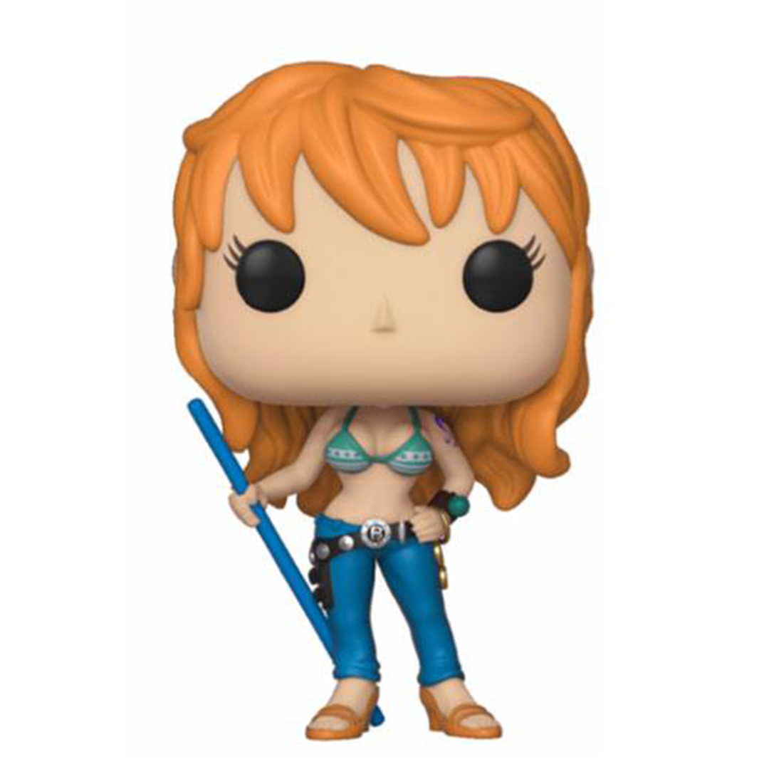 Figurine Pop de Nami, navigatrice de l'équipage du Chapeau de Paille, en pose dynamique, avec des vêtements emblématiques et un visage expressif, fabriquée par Funko.
