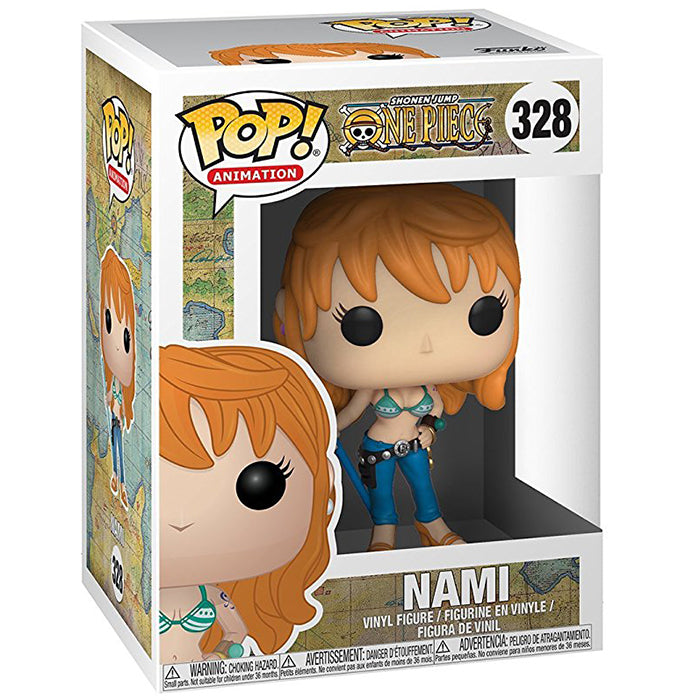 Figurine Pop de Nami, navigatrice de l'équipage du Chapeau de Paille, en pose dynamique, avec des vêtements emblématiques et un visage expressif, fabriquée par Funko.