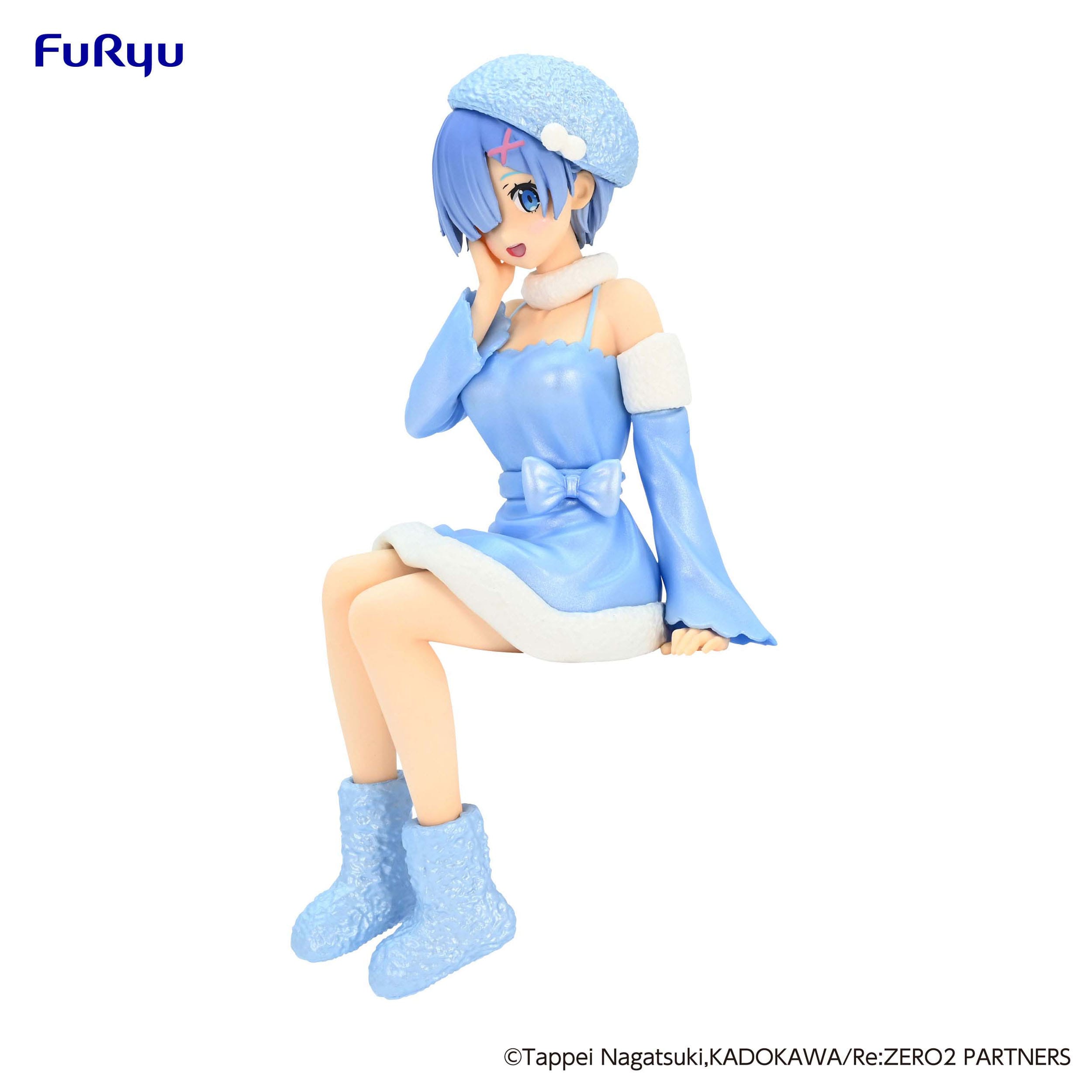 Vue frontale en plan rapproché de la figurine Rem Snow Princess Pearl Color Ver. de Re:Zero - Starting Life in Another World assise, la main droite contre la joue.