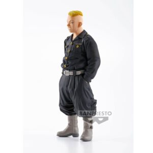 Vue 3/4 de face en plan complet de la figurine de Haruki Hayashida de Tokyo Revengers en uniforme militaire noir.