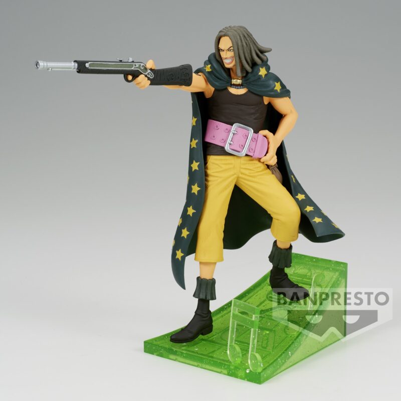 Figurine de Yasopp, tireur d'élite de One Piece, mesurant 12 cm, dans une pose dynamique avec une arme à la main, reposant sur une note de musique.