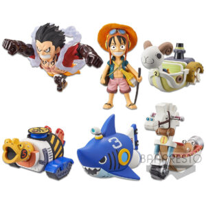 Figurine de Monkey D. Luffy en pose dynamique, fabriquée en PVC, avec des détails minutieux de son costume et des expressions faciales, provenant de la série World Collectable Figure par BANPRESTO.