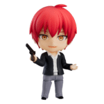 Vue 3/4 de face à mi-distance de la figurine Nendoroid de Karma Akabane d'Assassination Classroom, tenant un pistolet dans la main droite.