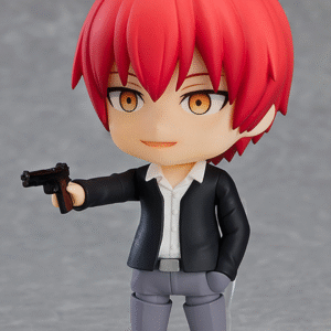 Vue 3/4 de face en plan rapproché de la figurine Nendoroid de Karma Akabane d'Assassination Classroom,  brandissant son arme.