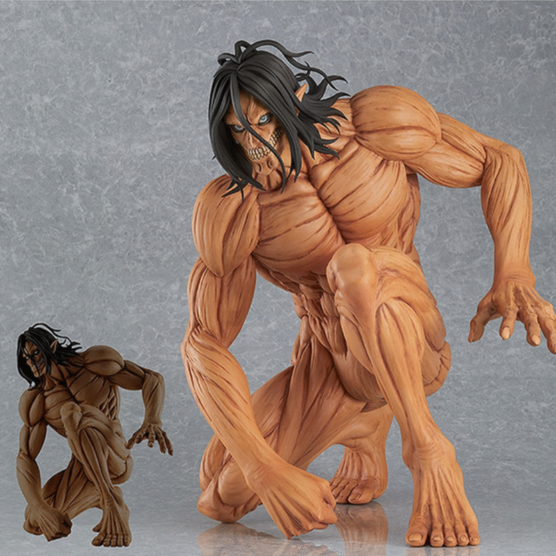Vue 3/4 de face en plan entier de la figurine d'Eren Yeager de Shingeki no Kyojin en forme de Titan, sans vêtements, posé en crouch.