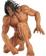 Vue 3/4 de face à mi-distance de la figurine Pop Up Parade d'Eren Yeager de Shingeki no Kyojin en position accroupie, expression agressive.