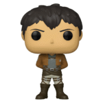 Vue de face en plan complet de la figurine Funko Pop! de Bertholdt Hoover de Attack on Titan en veste de scout, expression neutre.