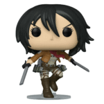 Vue de face en plan rapproché moyen de la figurine Funko Pop de Mikasa Ackerman de Shingeki no Kyojin en uniforme militaire, tenant des lames.