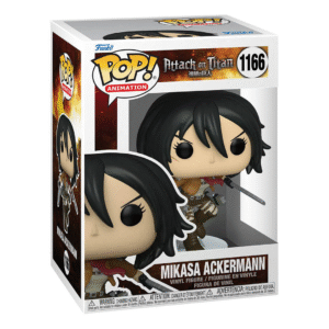 Vue de face avec plan rapproché moyen de la figurine Funko Pop! de Mikasa Ackermann de Attack on Titan en uniforme de la Brigade d'Exploration, tenant une épée.