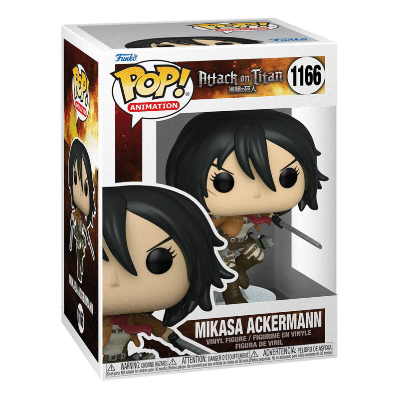 Vue de face avec plan rapproché moyen de la figurine Funko Pop! de Mikasa Ackermann de Attack on Titan en uniforme de la Brigade d'Exploration, tenant une épée.