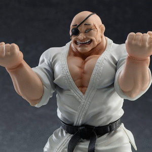 Vue 3/4 avant en plan rapproché de la figurine de Doppo Orochi de Baki en position de combat.
