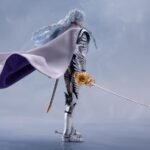Vue 3/4 de dos à mi-distance de la figurine de Griffith de Berserk en tenue royale, tenant une épée avec motif floral doré.