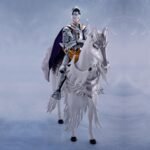 Vue 3/4 de face à mi-distance de la figurine de Griffith de Berserk en armure argentée, tenant une épée sur un cheval.