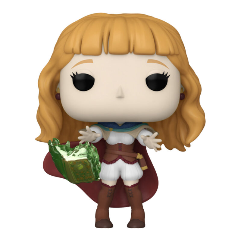 Vue de face en plan d'ensemble de la Funko Pop de Mimosa de Black Clover tenant un livre magique.