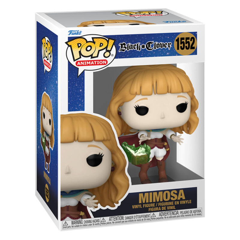 Vue de face en plan d'ensemble de la Funko Pop de Mimosa de Black Clover dans sa boîte.