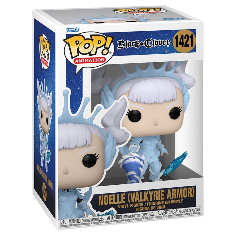 black-clover-figurine-pop-noelle-valkyrie-armor-1421_1 Vue de face en plan d'ensemble de la Funko Pop de Noelle de Black Clover dans sa boîte
