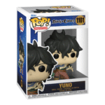 Vue de face en plan d'ensemble de la Funko Pop de Yuno de Black Clover dans sa boîte.