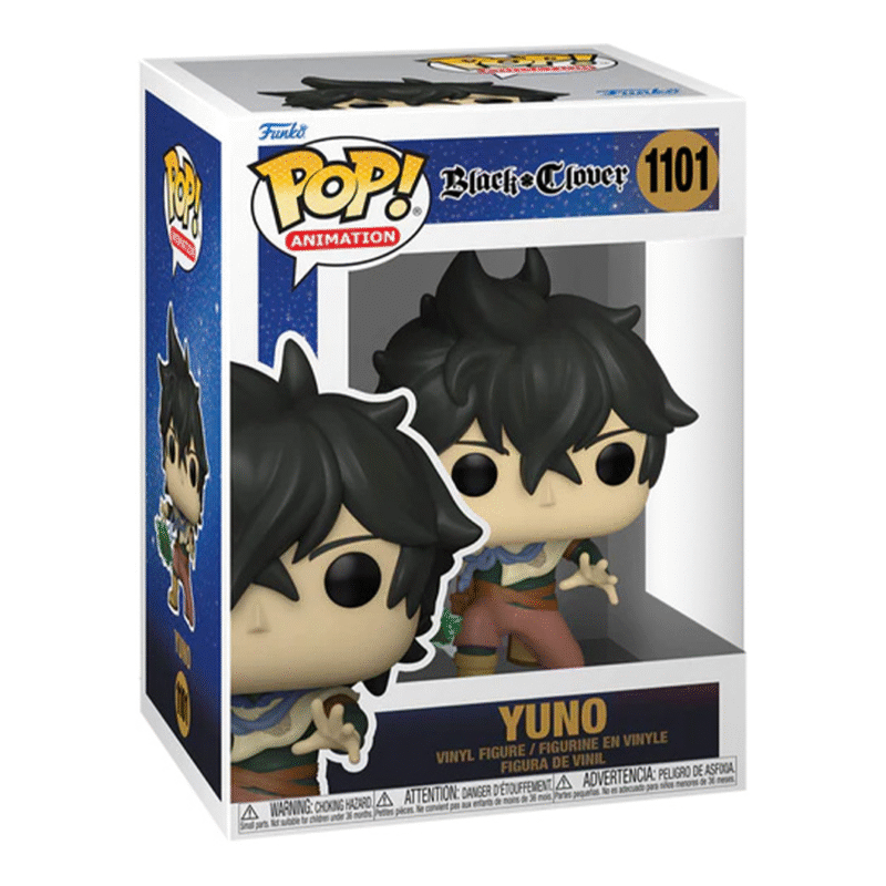 Vue de face en plan d'ensemble de la Funko Pop de Yuno de Black Clover dans sa boîte.