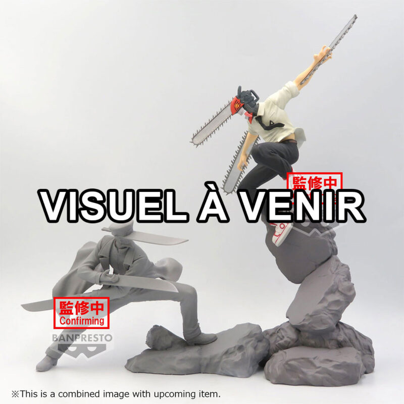 Vue 3/4 de face avec plan en pied de Denji de Chainsaw Man en tenue décontractée, avec des bras de tronçonneuse.