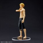 Vue de profil avec plan moyen de la figurine de Denji de Chainsaw Man, torse nu, en pantalon noir, sur socle transparent.