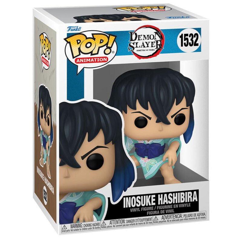 Vue de face avec plan rapproché de la figurine Pop! d'Inosuke Hashibira de Demon Slayer en kimono vert, expression joueuse.