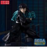Vue 3/4 de près de la figurine de Muichiro Tokito de Demon Slayer en kimono noir, tenant un katana à droite.