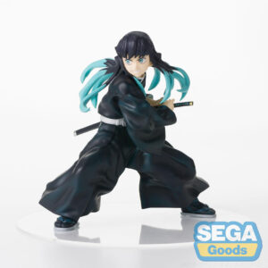 Vue 3/4 à mi-distance de la figurine de Muichiro Tokito de Demon Slayer en uniforme noir, tenant un katana.