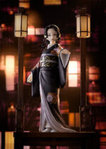 Vue 3/4 de près de la figurine de Muzan Kibutsuji (forme Geiko) de Demon Slayer en kimono traditionnel, main étendue.