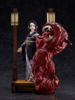 Vue 3/4 à mi-distance de la figurine de Muzan Kibutsuji (forme Geiko) de Demon Slayer en kimono noir avec motifs floraux, avec un démon rouge émergeant.