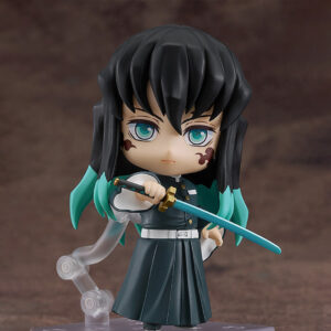 Vue 3/4 à mi-distance de la figurine Nendoroid de Muichiro Tokito de Demon Slayer en kimono noir, tenant un katana.