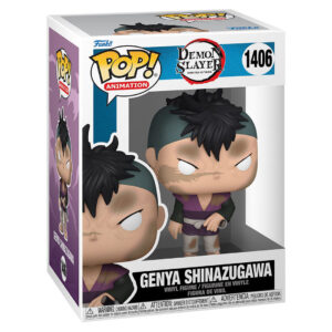 Vue de face avec plan rapproché moyen de la figurine Funko Pop! de Genya Shinazugawa de Demon Slayer, en tenue sombre, avec une épée à côté.