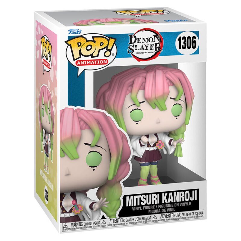Vue 3/4 à mi-distance de la figurine Funko Pop! de Mitsuri Kanroji de Demon Slayer en uniforme avec katana, dans la boîte.