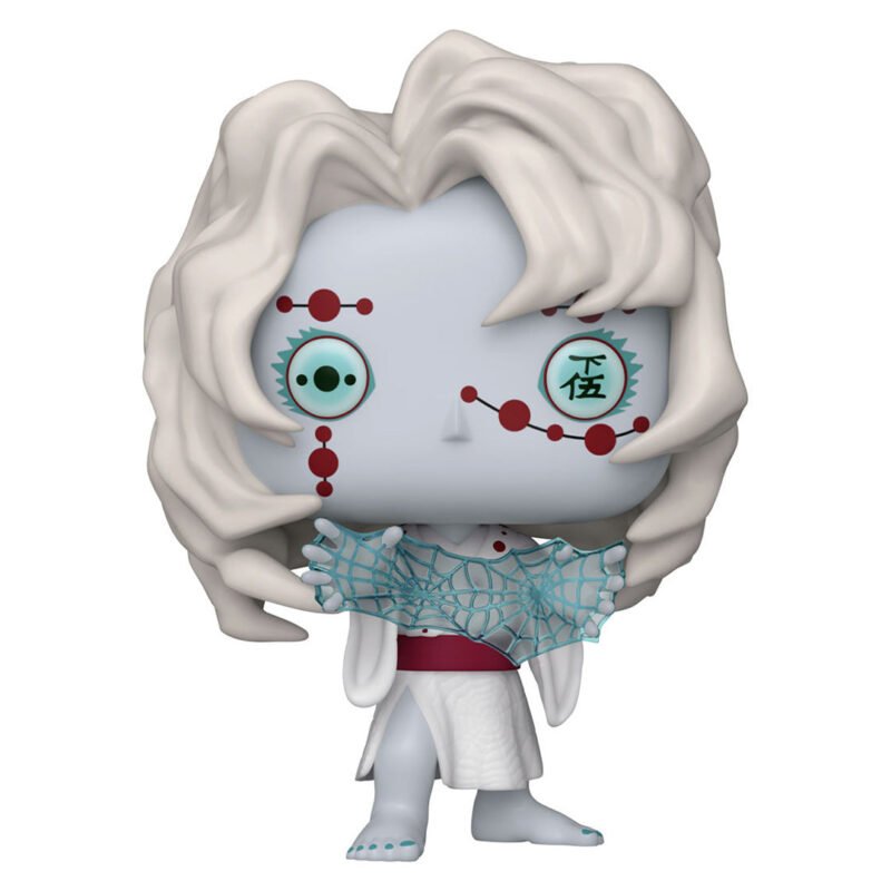 Vue 3/4 à mi-distance de la figurine Funko Pop! Rui de Demon Slayer: Kimetsu no Yaiba en kimono blanc, tenant une toile.
