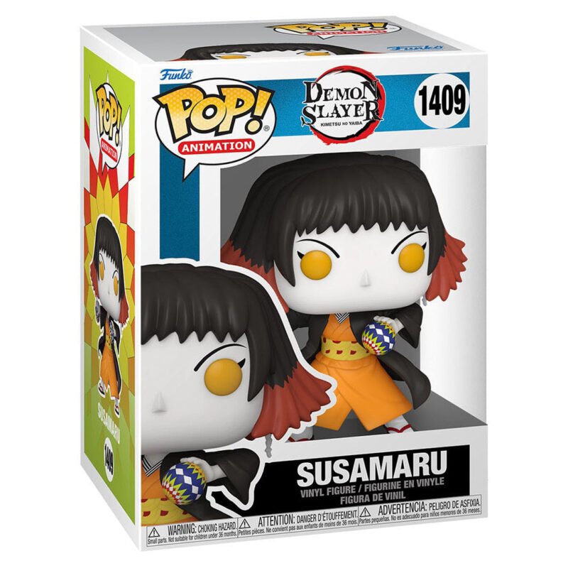 Vue 3/4 à mi-distance de la figurine Funko Pop! de Susamaru de Demon Slayer en tenue orange et noire, tenant une temari.