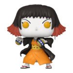 Vue 3/4 de face avec plan en pied de la figurine Funko Pop! de Susamaru de Demon Slayer, en kimono orange et haori noir, tenant deux temari.