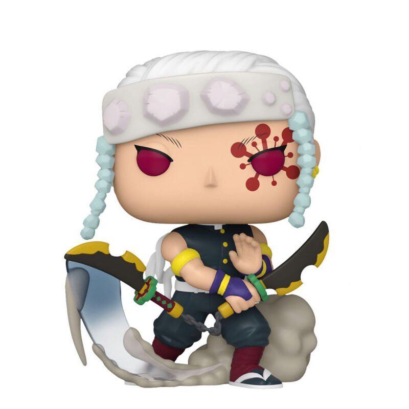 Vue diagonale en plan rapproché moyen de la figurine Funko Pop! Tengen Uzui de Demon Slayer en uniforme de chasseur de démons, tenant un katana.