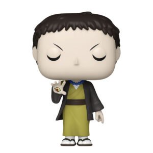 Vue de face avec plan rapproché de la figurine Funko Pop de Yahaba de Demon Slayer: Kimetsu no Yaiba, en kimono noir, tenant un œil sur sa main.