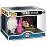Vue 3/4 à mi-distance de la figurine Funko Pop! de Tanjiro Kamado et Rui de Demon Slayer, en posture dynamique avec épée et fils roses.