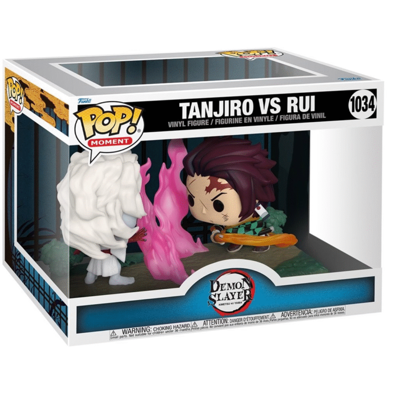 Vue 3/4 à mi-distance de la figurine Funko Pop! de Tanjiro Kamado et Rui de Demon Slayer, en posture dynamique avec épée et fils roses.