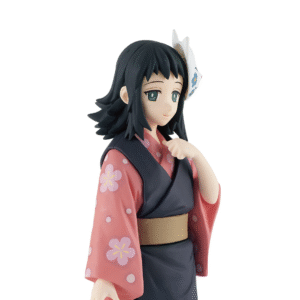 Vue 3/4 à mi-distance de la figurine de Makomo de Demon Slayer: Kimetsu no Yaiba en kimono fleuri, main sur le menton.