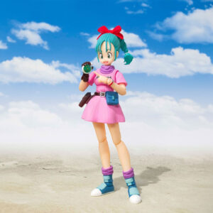 Figurine articulée de Bulma mesurant 16 cm, représentant son apparence emblématique du premier épisode de Dragon Ball, avec des accessoires tels que deux boules de cristal et un radar à Dragon Ball.
