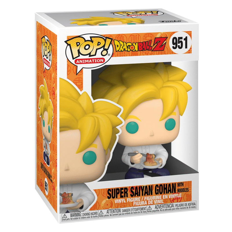 Figurine Pop de Son Gohan en Super Saiyan tenant une assiette de nouilles, fabriquée par Funko.