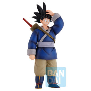 Figurine de Son Goku avec un sourire, représentant un moment clé du tournoi Tenka Ichi Budokai, fabriquée par Bandai, mesurant 24 cm de hauteur.