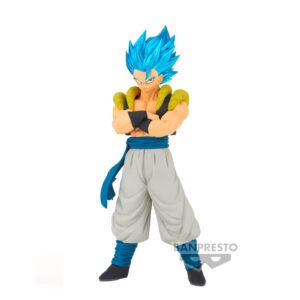 Figurine de Gogeta avec des cheveux bleus, portant la transformation Super Saiyan Blue, les bras croisés, mesurant 18 cm, fabriquée par Banpresto.