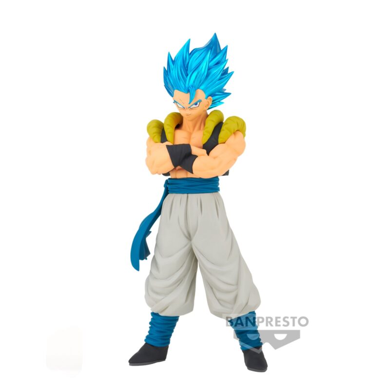 Figurine de Gogeta avec des cheveux bleus, portant la transformation Super Saiyan Blue, les bras croisés, mesurant 18 cm, fabriquée par Banpresto.