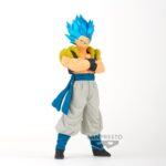 Figurine de Gogeta avec des cheveux bleus, portant la transformation Super Saiyan Blue, les bras croisés, mesurant 18 cm, fabriquée par Banpresto.